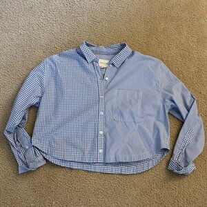 Blue Mixed Print Cropped Button-Down Shirt